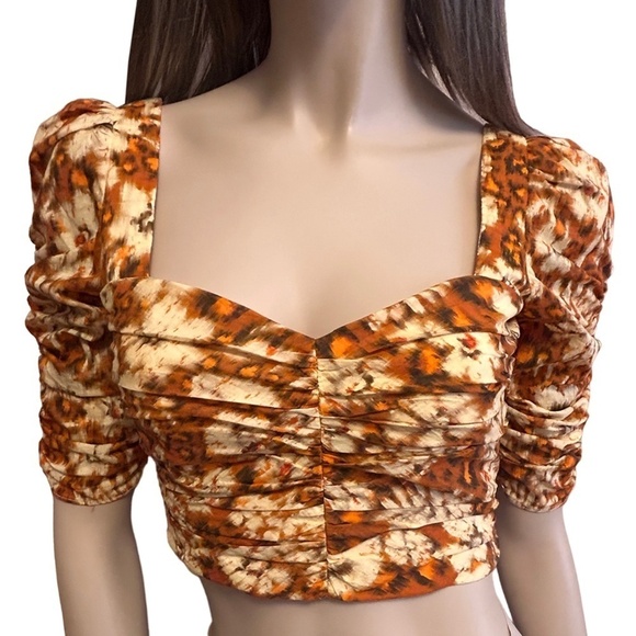 Zara Crop Top Blouse Sweetheart Neck Floral Pleated Bodice Ruched Sleeve NWOT - Picture 4 of 16